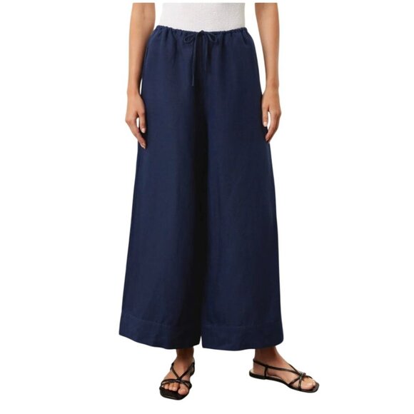Onia Air Linen Navy Blue Wide Leg Drawstring Trousers - Size S - Picture 2 of 6
